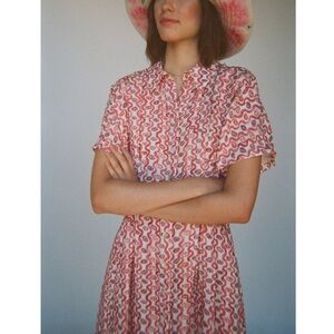 Romualda Red White Abstract Print Linen CASABLANCA Button Up Shirt Dress Sz S